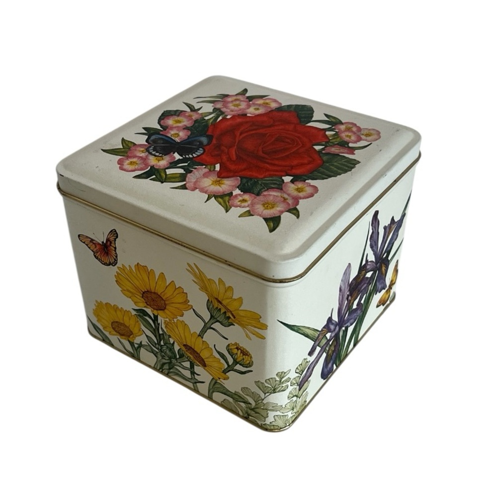 Current Inc Tin VINTAGE 1980s Floral Butterfly Keepsake Square Box With Lid